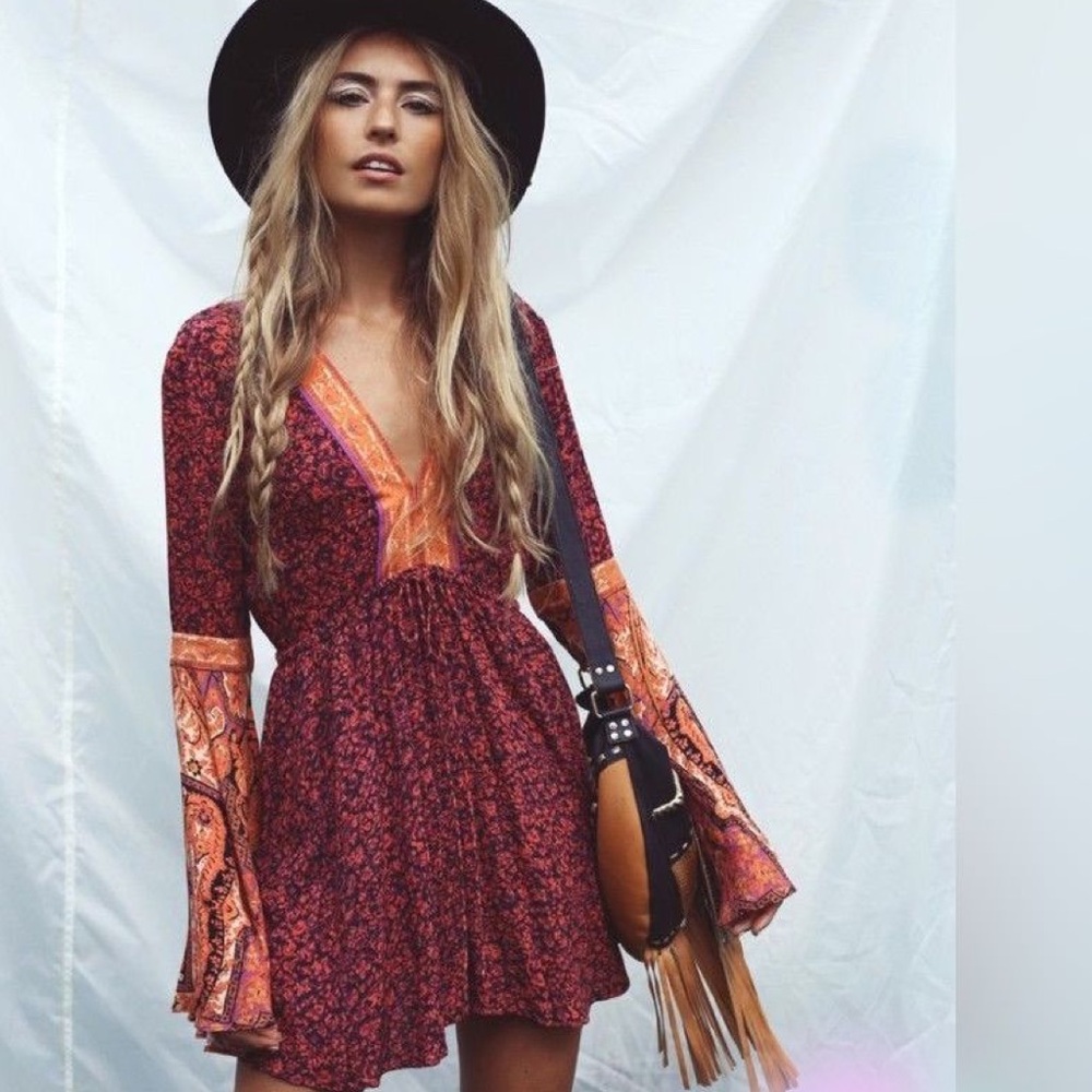 Free People Once upon a summertime Burgundy Floral Dress with Patterned Sleeves